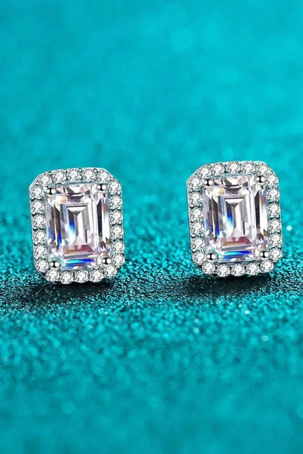 Two 1.05 CTW DEW Emerald Cut Rectangular Colorless Moissanite Halo Stu