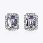 Pair of 1.05 CTW DEW emerald cut rectangular colorless moissanite halo stud earrings in 925 sterling silver with push back clasp