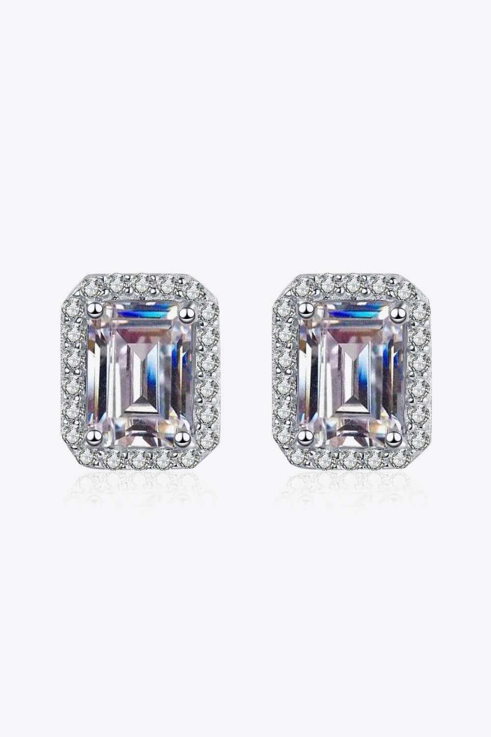 Pair of 1.05 CTW DEW emerald cut rectangular colorless moissanite halo stud earrings in 925 sterling silver with push back clasp