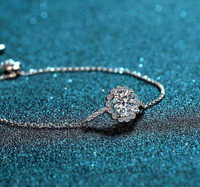 1 CTW Moissanite halo adjustable bolo bracelet in 925 sterling silver with symmetrical accent stones