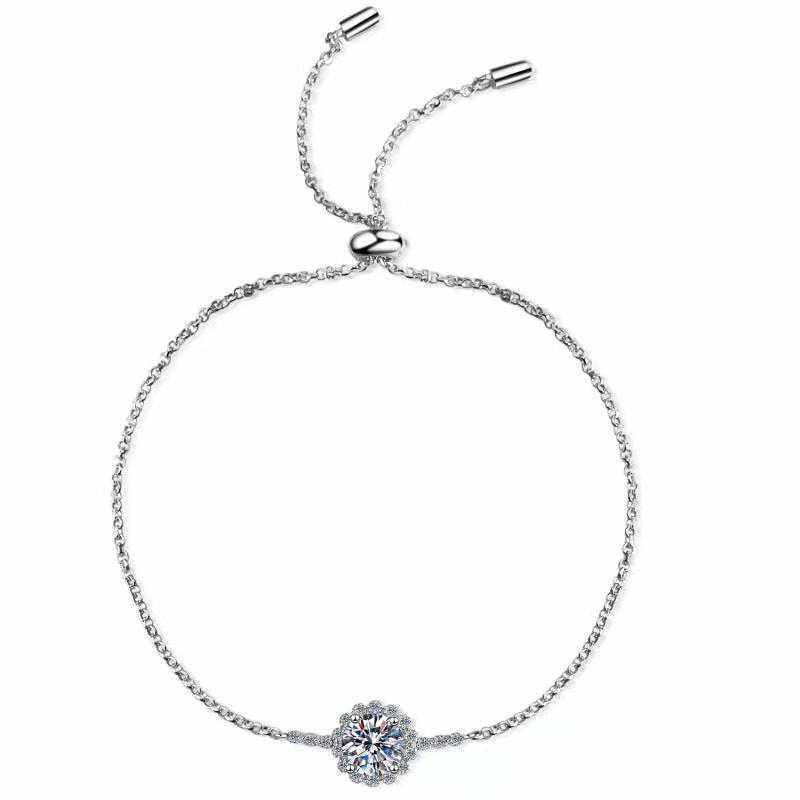 1 CTW Moissanite halo adjustable bolo bracelet in 925 sterling silver with symmetrical accent stones