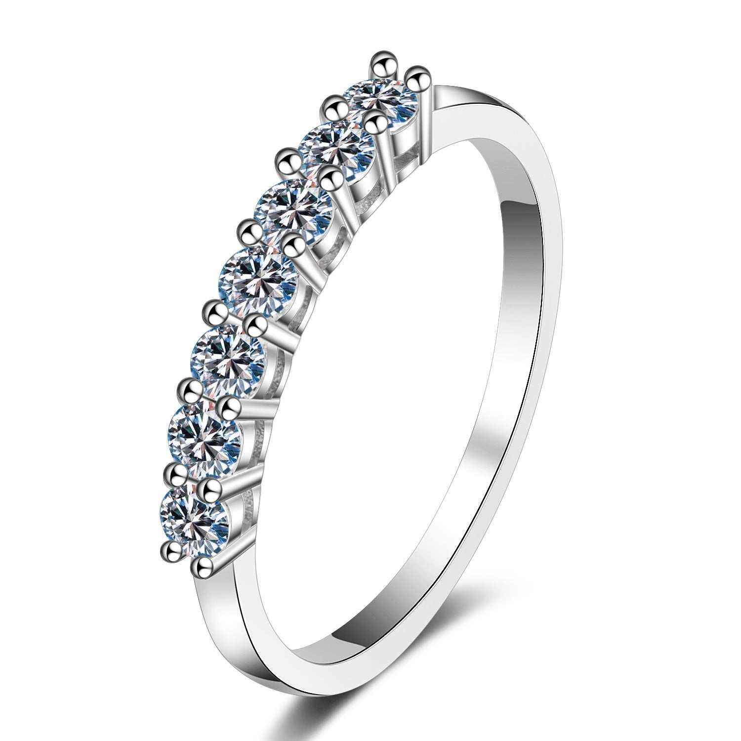 0.7 CTW DEW seven-stone round moissanite semi-eternity band in platinum-plated S925 sterling silver ring