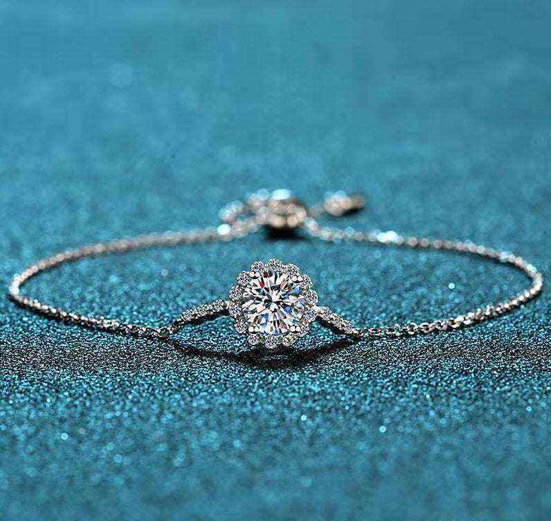 1 CTW Moissanite halo bracelet in adjustable bolo 925 sterling silver with symmetrical accent stones