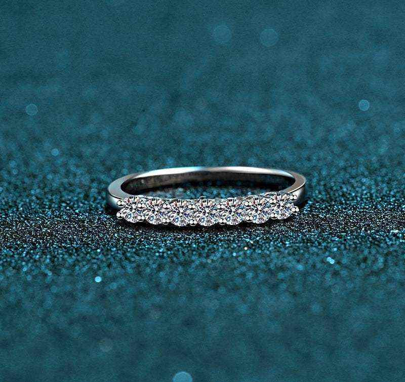 0.7 CTW DEW seven-stone round moissanite semi-eternity band ring in platinum plated S925 sterling silver