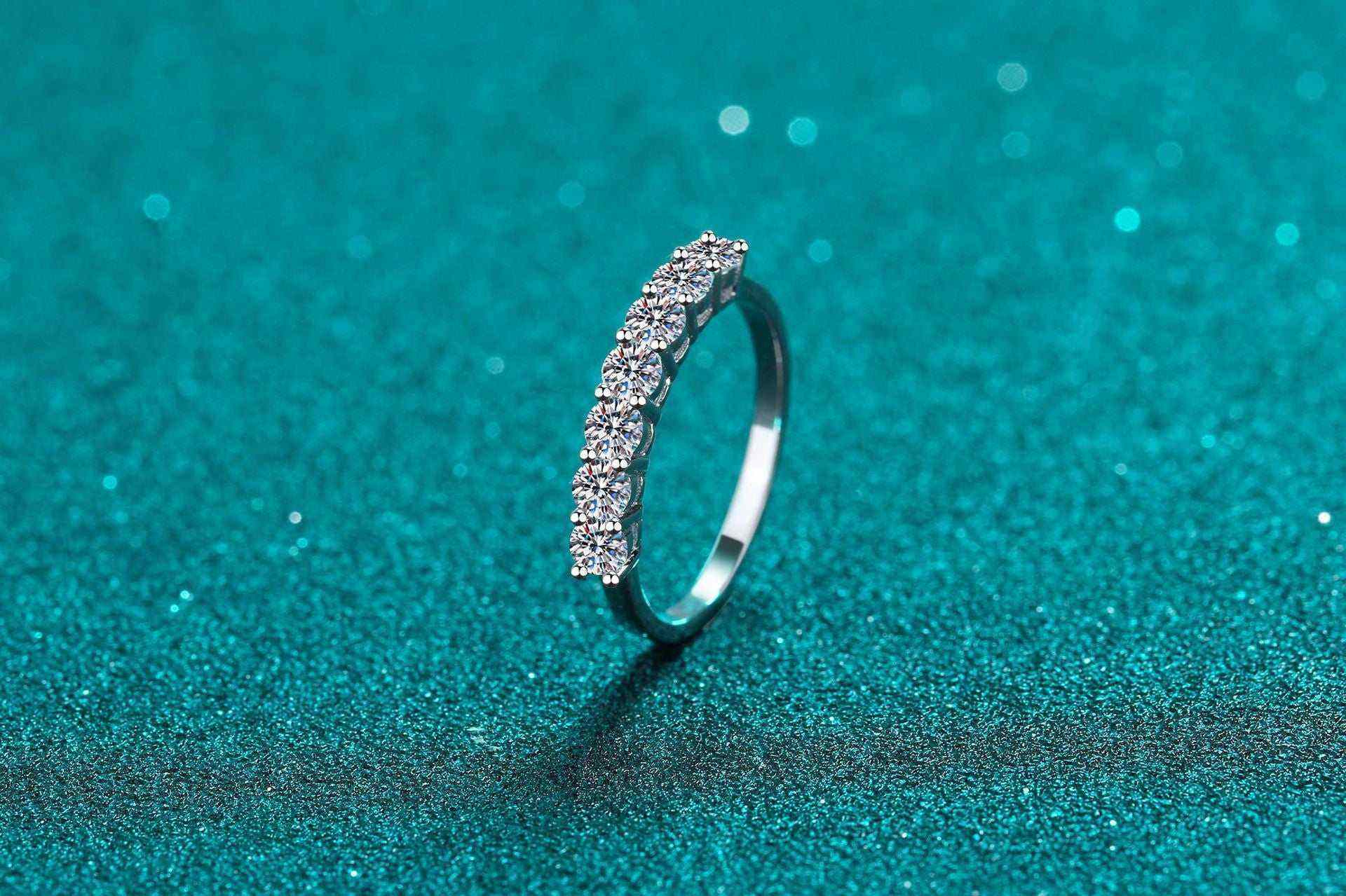 0.7 CTW DEW seven-stone round moissanite wedding anniversary band in platinum plated S925 sterling silver