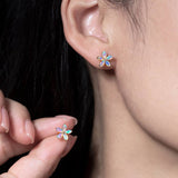 Opal Diamond Sakura Cherry Blossom Flower Stud Earrings in 14K Yellow Gold