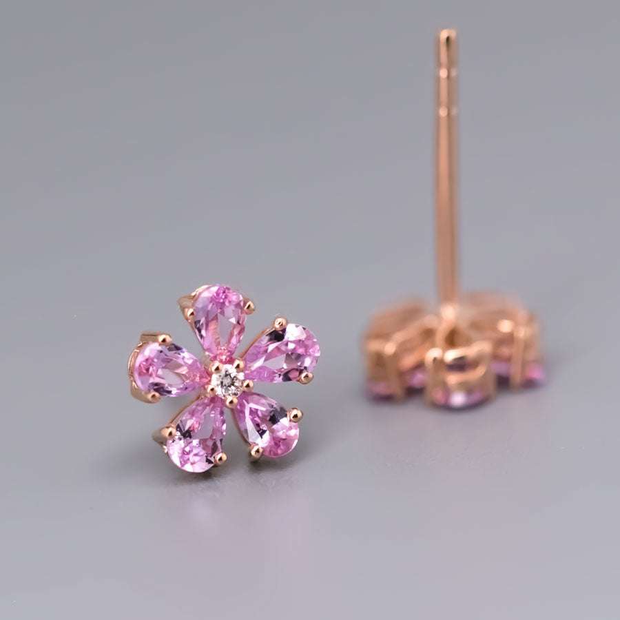 Pink sapphire diamond cherry blossom flower stud earrings in 14K rose gold