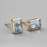 Emerald Cut Blue Topaz Stud Earrings in 14K Yellow Gold