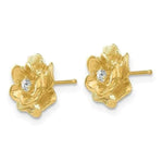 Shiny 14K yellow gold rose flower stud earrings with 2mm round diamonds and polished finish