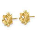 Shiny 14K yellow gold rose flower stud earrings with 2mm round diamonds and polished finish