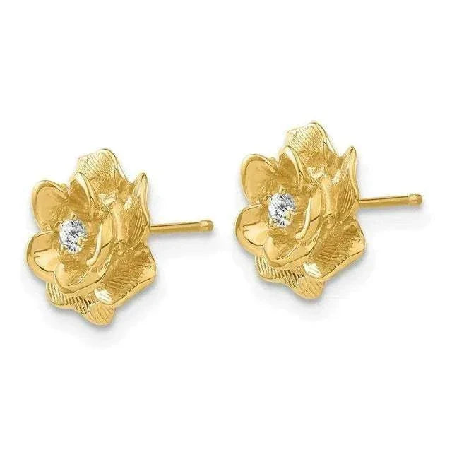Shiny 14K yellow gold rose flower stud earrings with 2mm round diamonds and polished finish