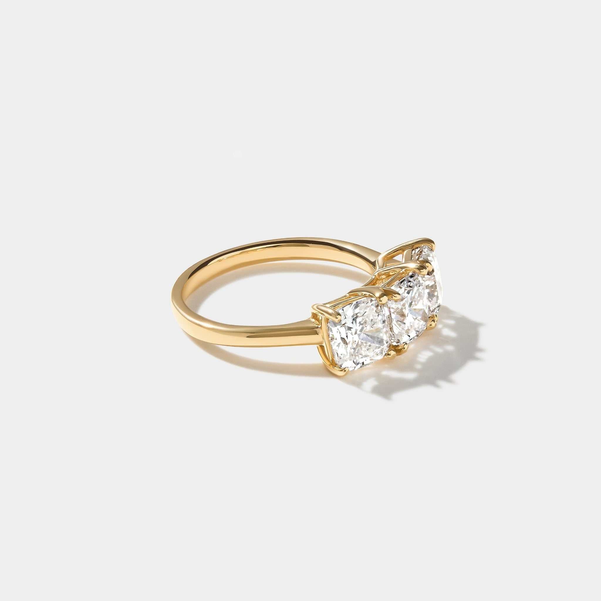 14k gold Beacon 3-stone diamond ring with three cushion-cut lab-grown diamonds