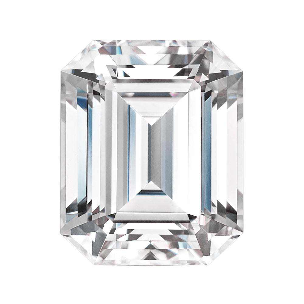 Charles & Colvard Forever One™ emerald shape moissanite gemstone with IF-VS1 clarity and rose cut.
