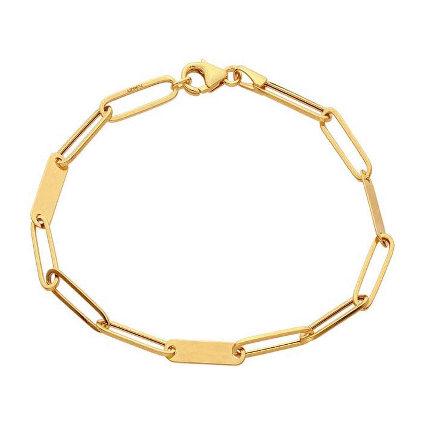 14K yellow gold bar paperclip oval link interlocking chain bracelet with lobster clasp