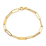 14K yellow gold bar paperclip oval link interlocking chain bracelet with lobster clasp
