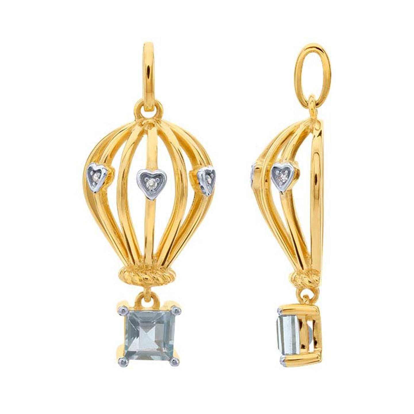 14K yellow gold hot air balloon pendant with square light blue topaz and three small round diamonds