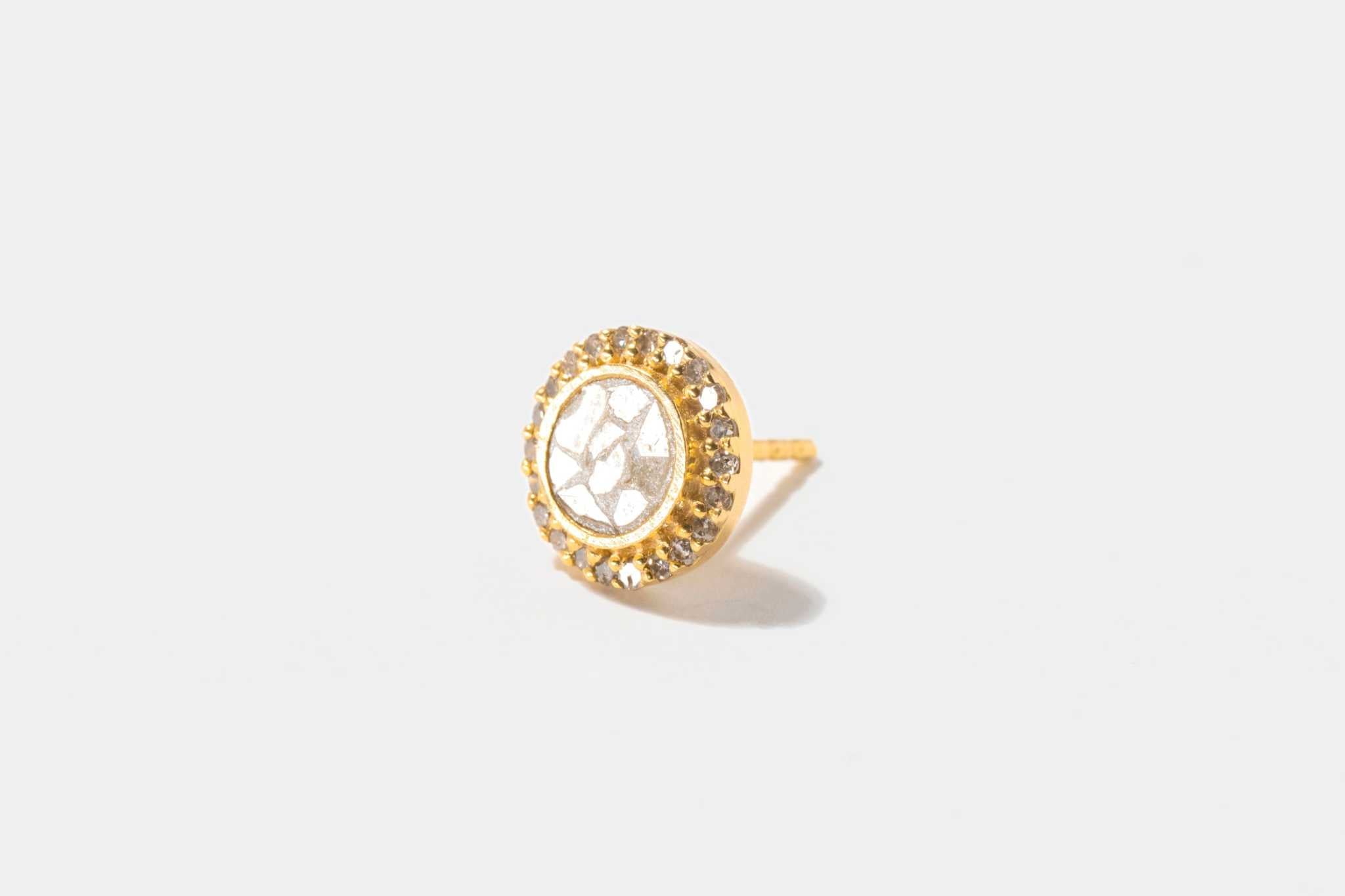 Alex Gold Vermeil stud earring with raw uncut diamonds and pave champagne diamond circle in 18k gold vermeil setting