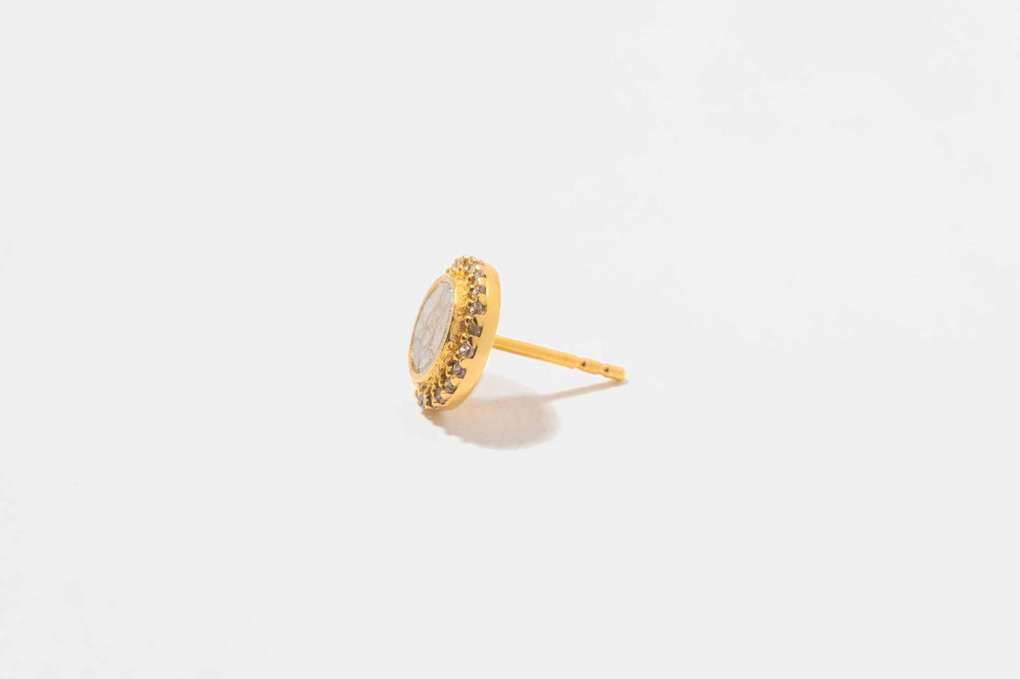 Alex Gold Vermeil stud earring with uncut diamonds and pave champagne diamond border in 18k gold vermeil
