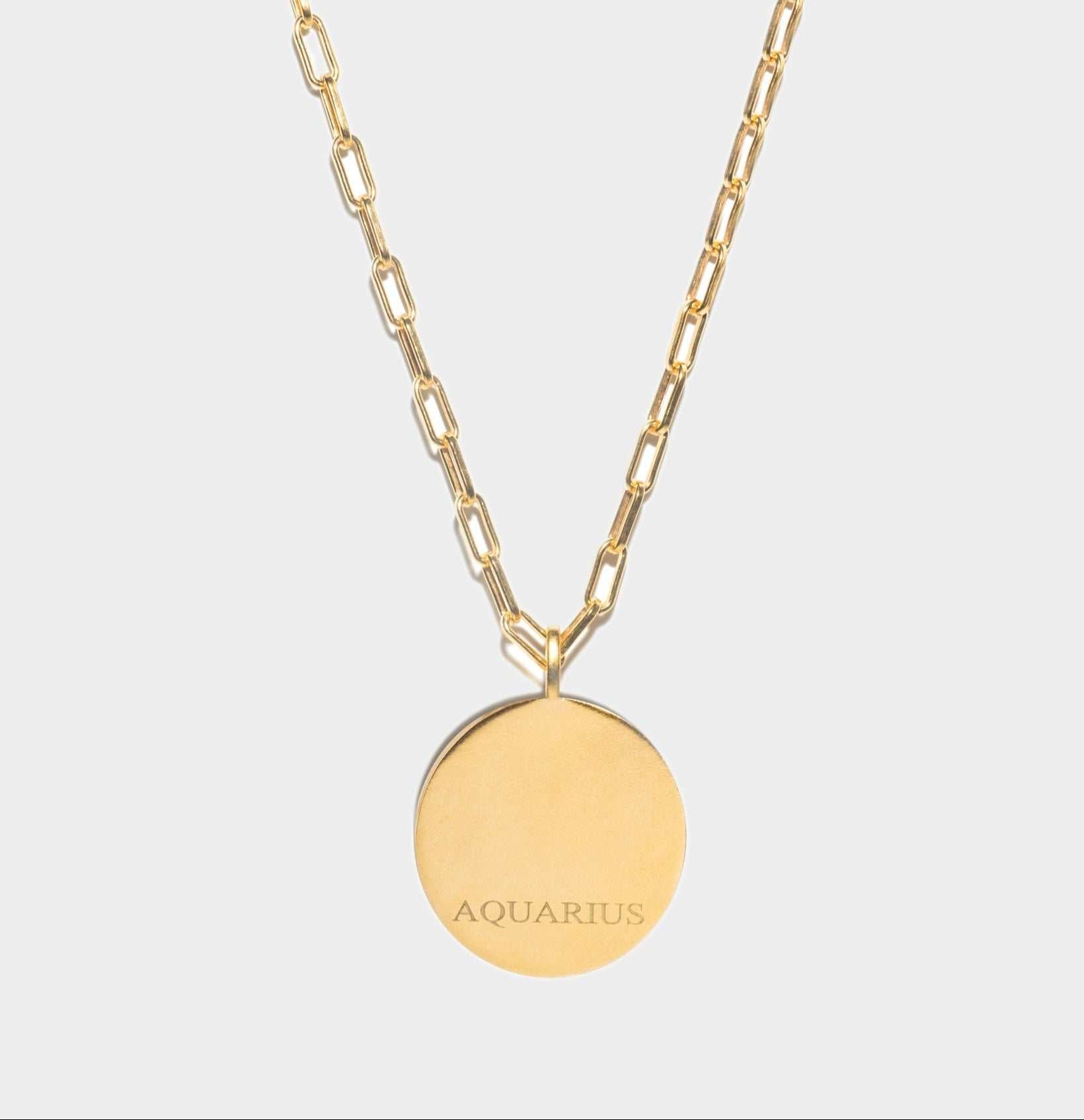 Aquarius Gold Vermeil pendant necklace with 18k gold layered round charm on an 18-inch chain