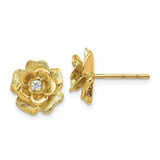 Shiny 14K yellow gold rose flower stud earrings with 2mm round lab-grown diamond center