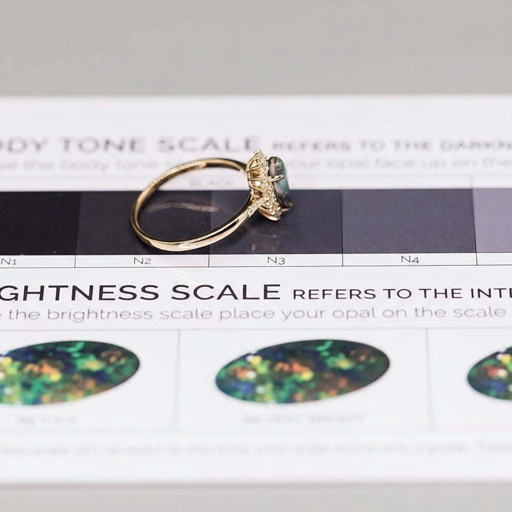 18K yellow gold Australian black opal halo diamond engagement ring on body tone scale with bright green and blue reflections