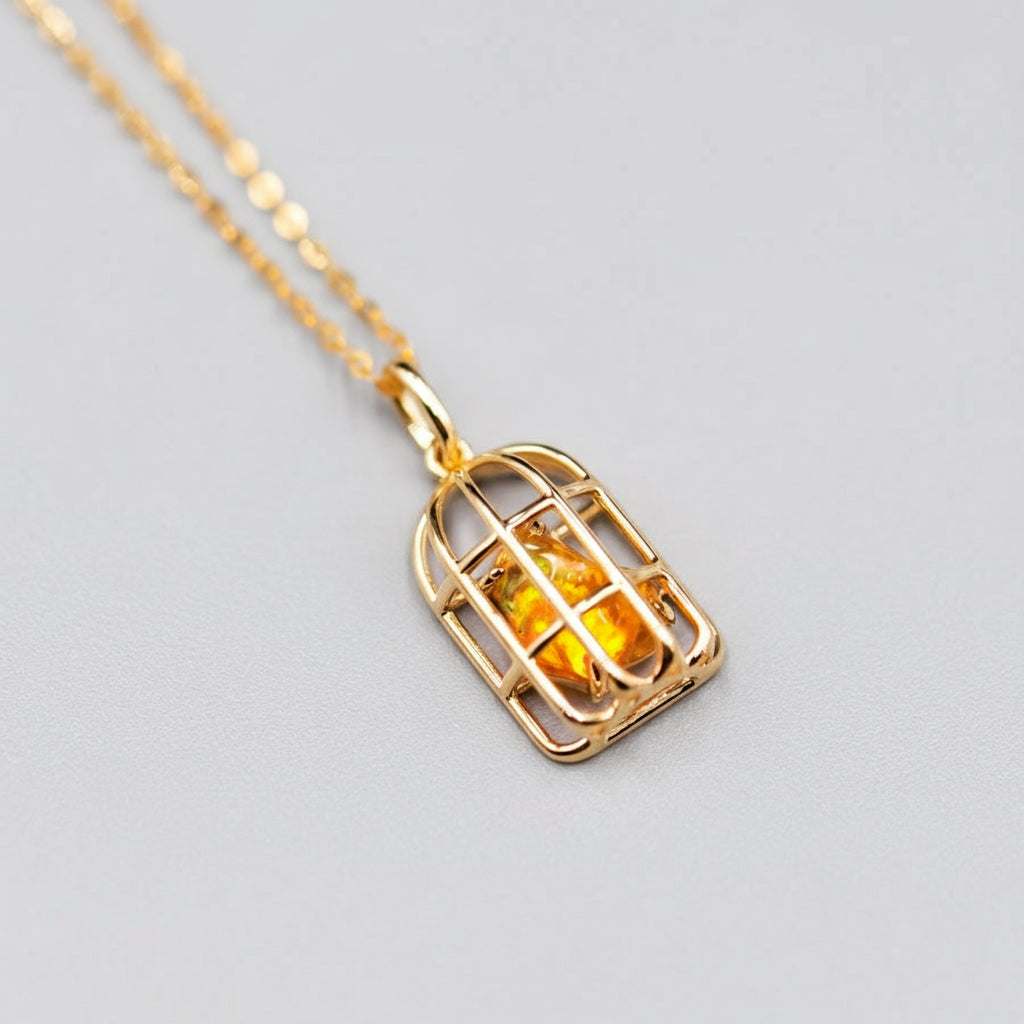 Bird Cage Mexican Fire Opal Necklace Pendant in 14K Yellow Gold with orange opal stone