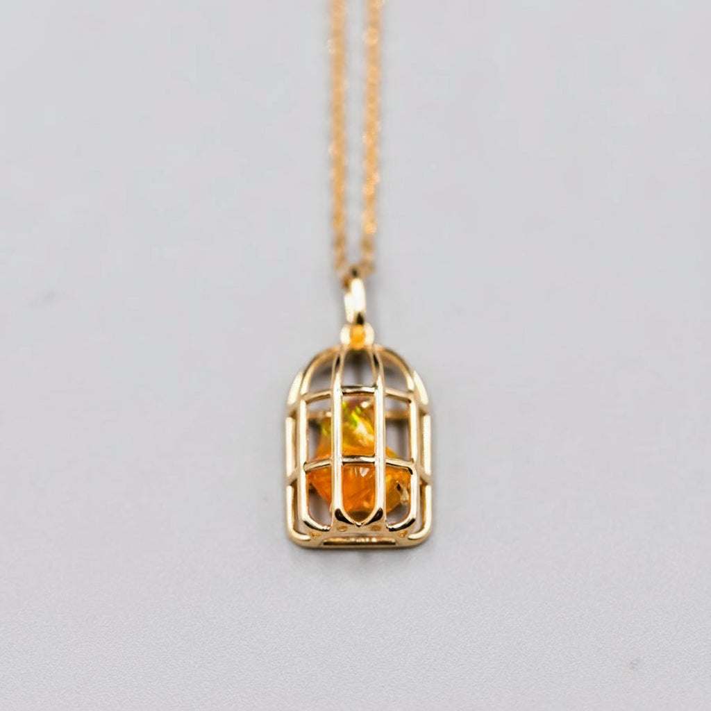 Bird Cage Mexican Fire Opal Necklace pendant in 14K yellow gold with orange opal stone