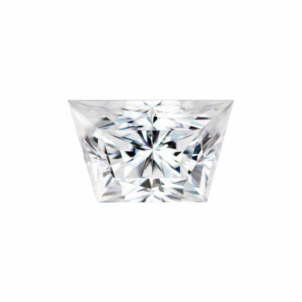 Charles & Colvard Forever One trapezoid shape moissanite gemstone with IF-VS1 clarity and high brilliance.