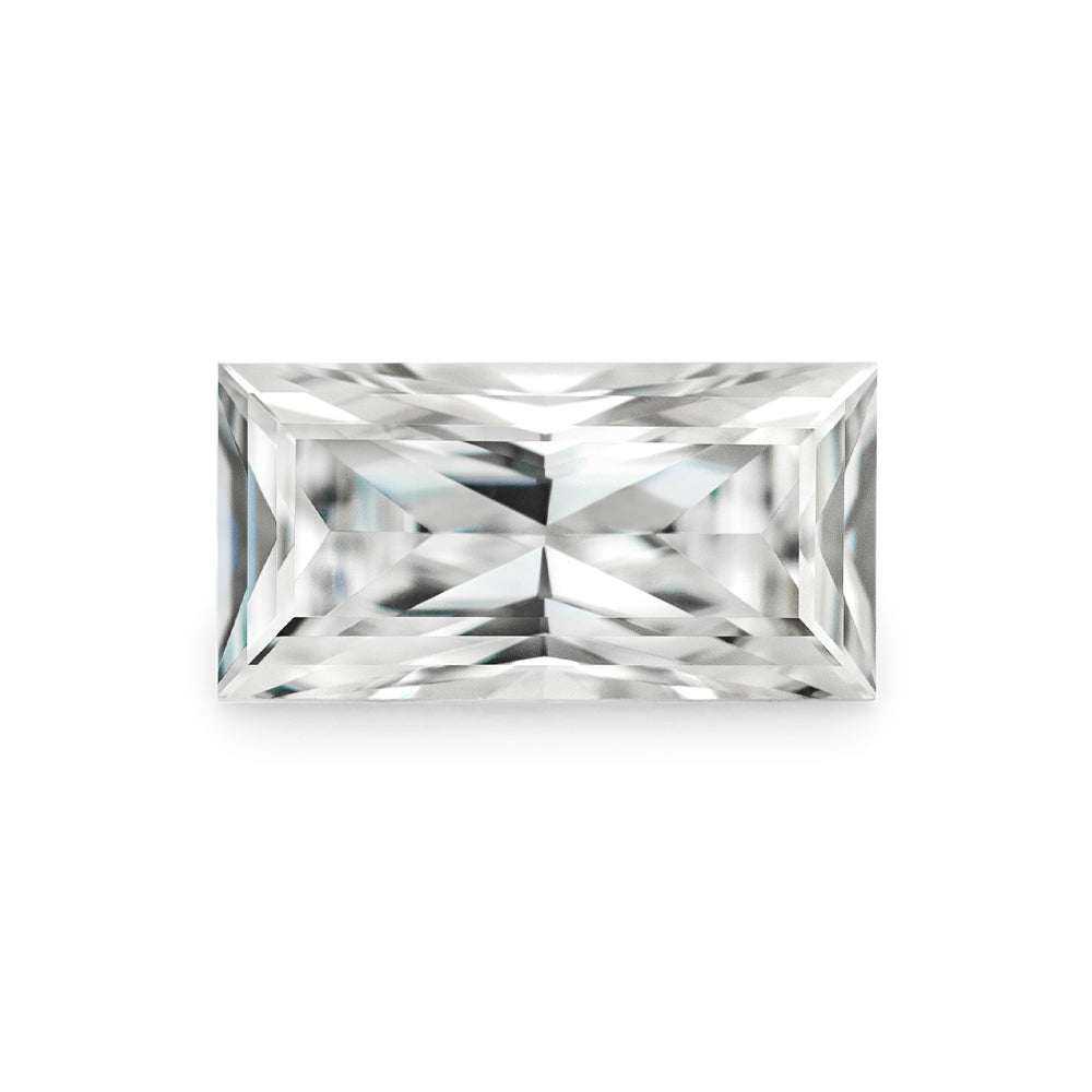 Charles & Colvard Forever One™ Straight Baguette Shape Moissanite gemstone with IF-VS1 clarity and high hardness.