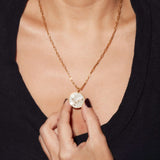 Cancer Gold Vermeil pendant necklace with uncut raw diamonds and white resin on 18k gold chain worn on neck