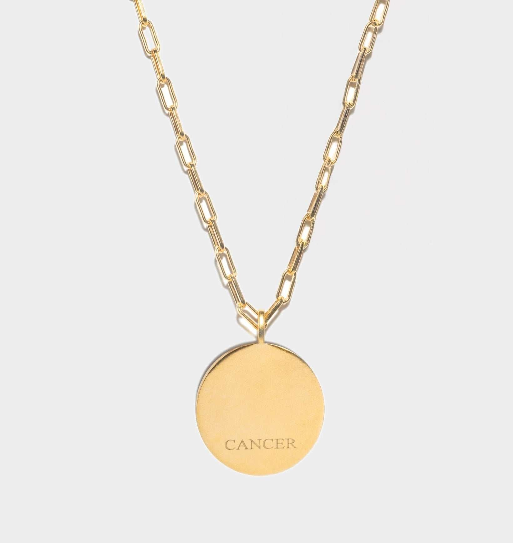 Cancer Gold Vermeil Pendant necklace with round gold disc engraved with Cancer zodiac sign on chain