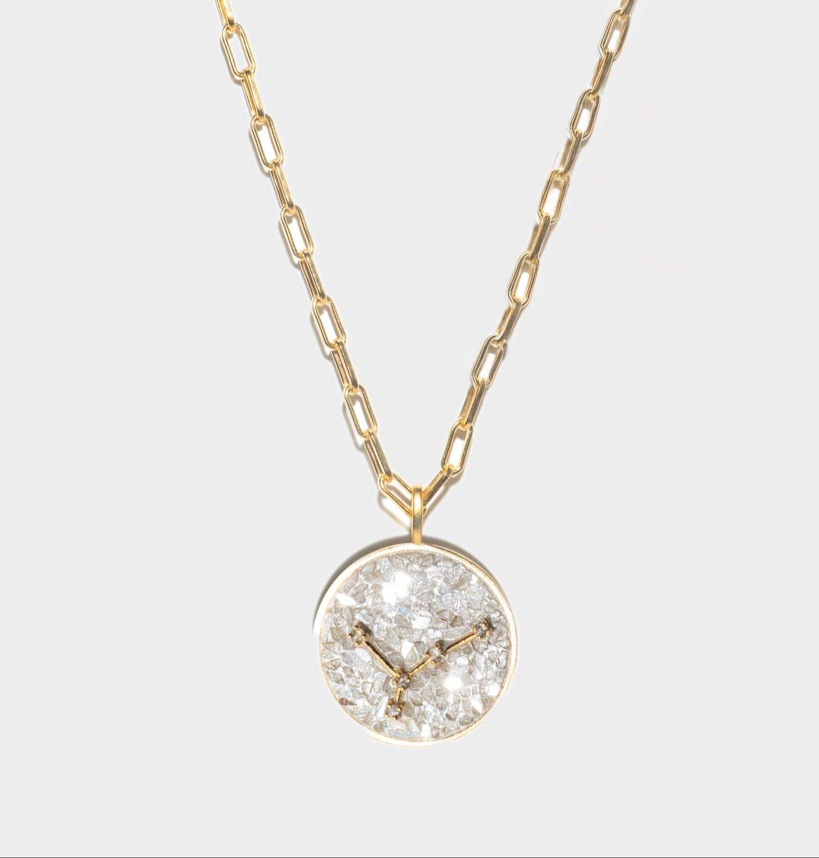 Cancer Gold Vermeil Pendant necklace featuring uncut raw diamonds and 18k gold vermeil on a chain with a circular zodiac Cancer symbol pendant