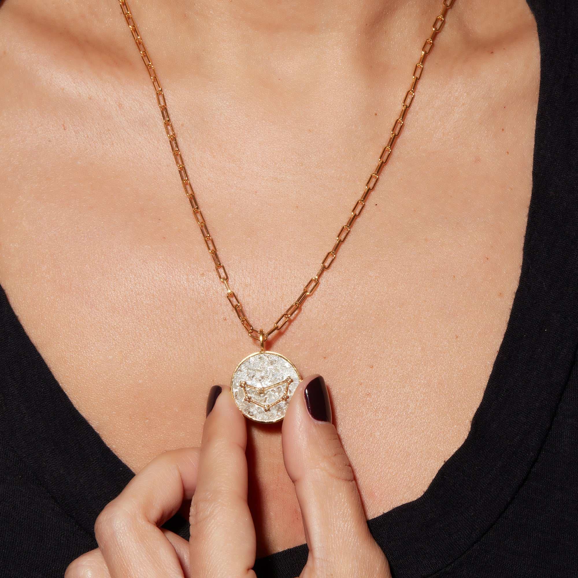 Capricorn Gold Vermeil Pendant Necklace with raw diamonds on gold chain worn on neck