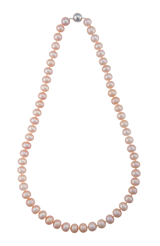 18-inch pink freshwater pearl strand necklace with stainless steel magnetic clasp and hand-knotted silk thread
