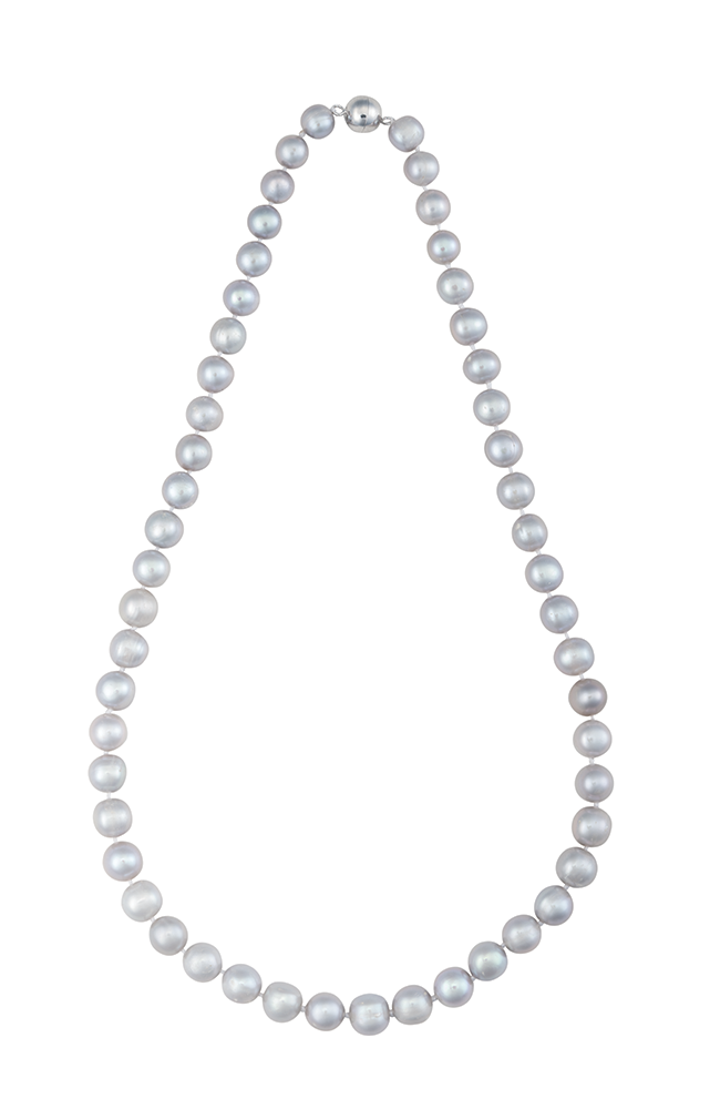 18-inch elegant freshwater pearl strand necklace with stainless steel magnetic clasp and hand-knotted silk thread in gray pearls