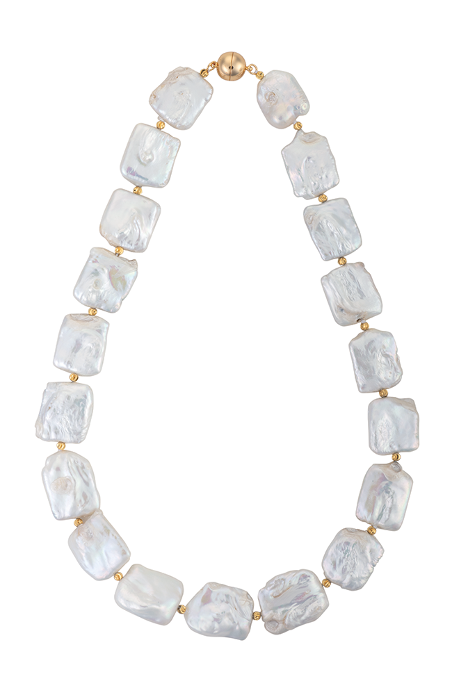 Square freshwater pearl necklace with white pearls and 9ct gold beads on silk strand with magnetic gold clasp
