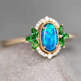 Australian Doublet Opal Diamond Tsavorite Ring in 14K Yellow Gold
