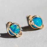 Earth Moon Australian Doublet Opal & Diamond Stud Earrings in 18K Yellow Gold
