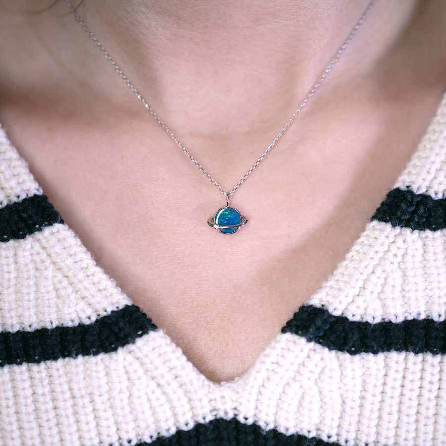 Earth Moon Doublet Opal pendant with diamond in 18K white gold on silver chain