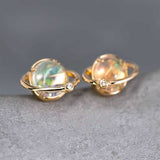 Earth Moon Fire Opal & Diamond Stud Earrings in 18K Yellow Gold