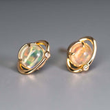 Earth Moon Fire Opal & Diamond Stud Earrings in 18K Yellow Gold