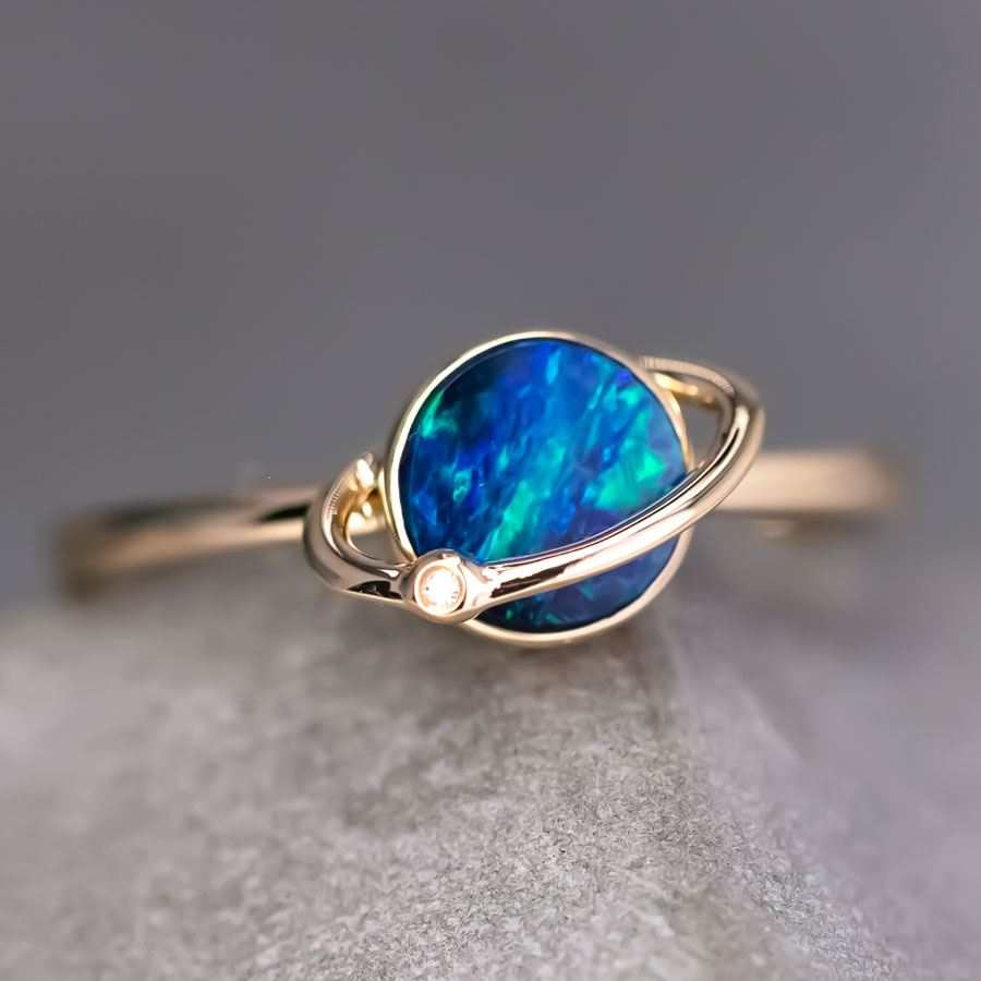 18K yellow gold Earth and Moon Doublet Opal ring with blue-green opal and small diamond for engagement or anniversary