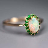 14K Yellow Gold Halo Ring with Australian Opal and Tsavorite