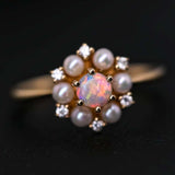 18K Yellow Gold Opal Ring with Pearls and Diamonds