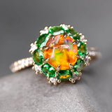 Fire Opal Tsavorite Diamond Ring in 18K Yellow Gold
