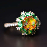 Fire Opal Tsavorite Diamond Ring in 18K Yellow Gold