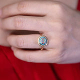 Mexican Fire Opal, Turquoise, Halo Diamond Ring in 18K Yellow Gold