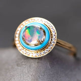 Mexican Fire Opal, Turquoise, Halo Diamond Ring in 18K Yellow Gold