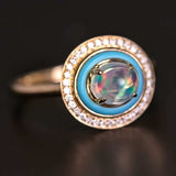 Mexican Fire Opal, Turquoise, Halo Diamond Ring in 18K Yellow Gold