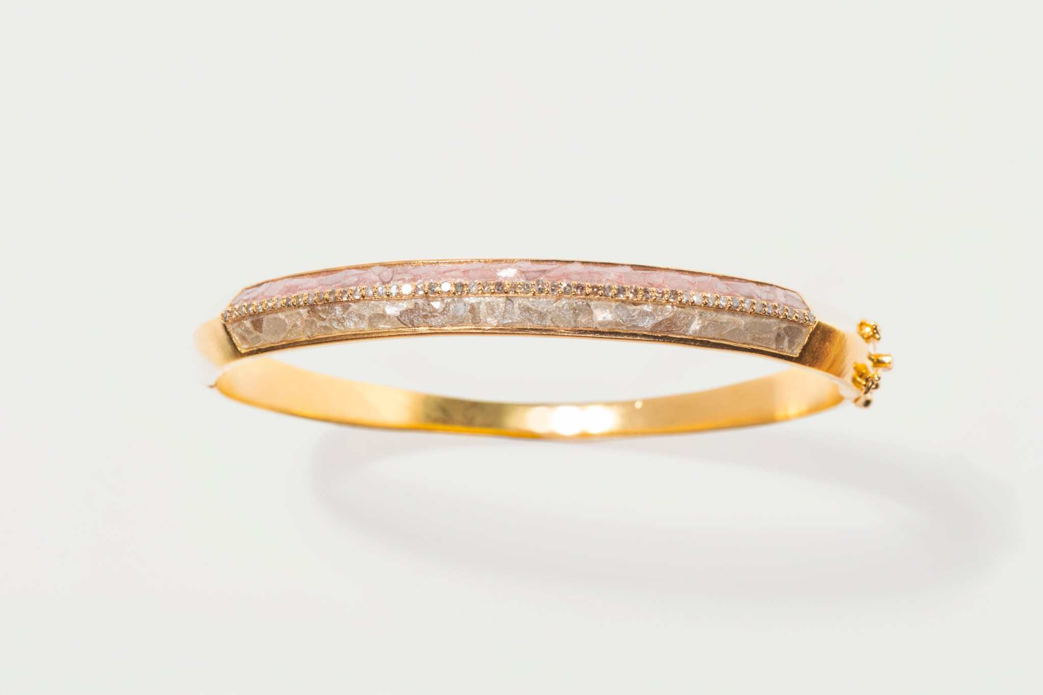 Geluk Gold Vermeil Bangle bracelet with sliced raw diamonds and pave champagne diamonds in 18k gold vermeil finish